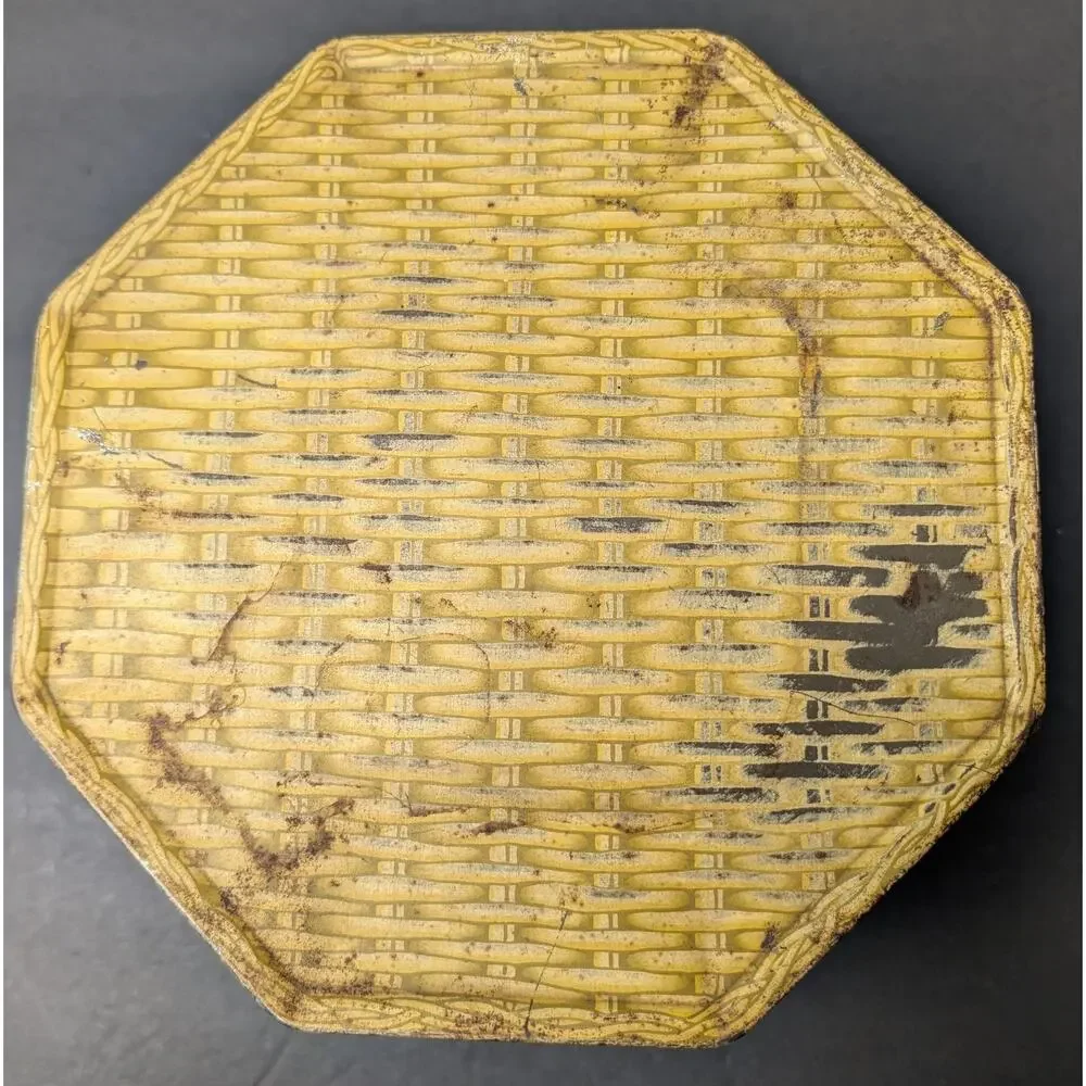 Vtg Yellow Basket Weave Tin LOOSE-WILES BISCUIT CO Cottage Rustic Country Granny